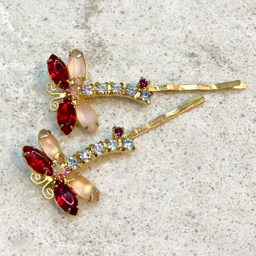 🔥 Dragonfly Pink Gold Crystal Bobby Pins Set